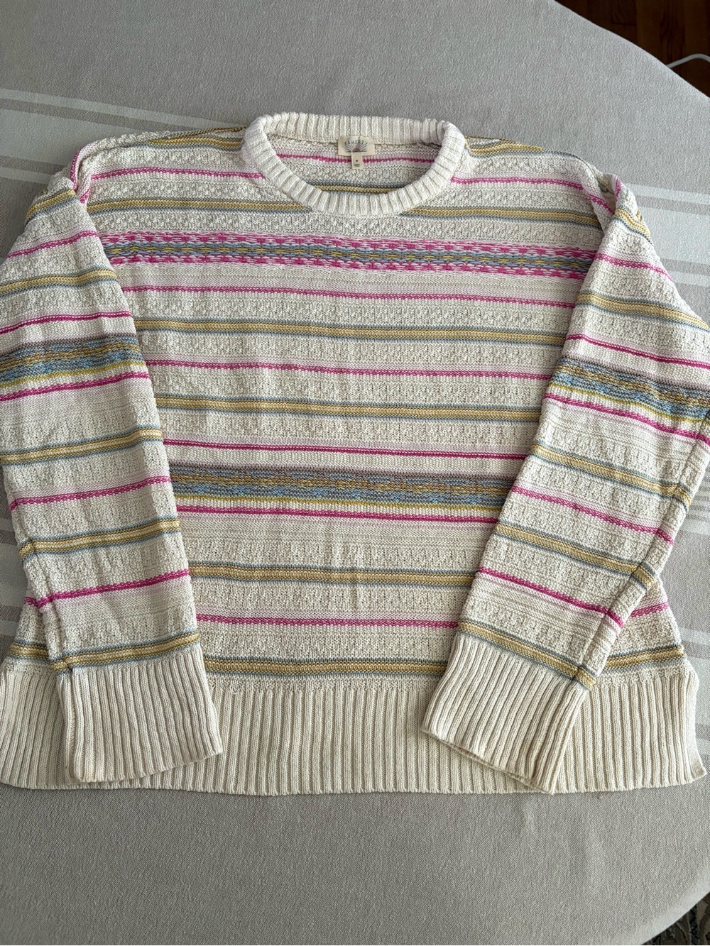 Faherty Women’s Cream Striped Crewneck Sweater Textured Knit Cotton Linen Medium